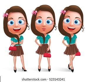 Lovely teen girl vector characters for fashion holding handbag wearing fashionable skirt dress with poses and smile in white background. Vector characters set.
