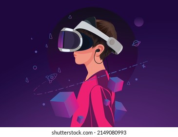 Lovely teenager boy trying to interact with virtual reality under bright light. Experiences network futuristic