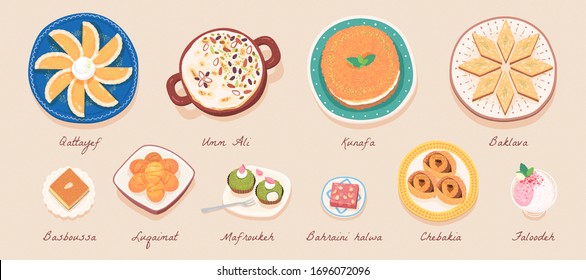 Lovely ten Middle Eastern Ramadan desserts on beige banner in top view angle for iftar, snack names written below the dishes