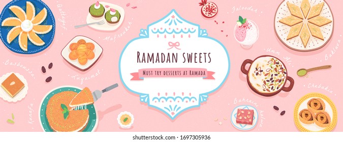 Lovely ten Middle Eastern Ramadan desserts on pink banner in top view angle for iftar, snack names written beside dishes