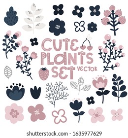  lovely and tender flowers and plants set, pink love lettering vector 