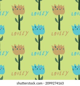 Lovely text and simple flowers vector repeatable seamless pattern in pale blue and pink on yellow