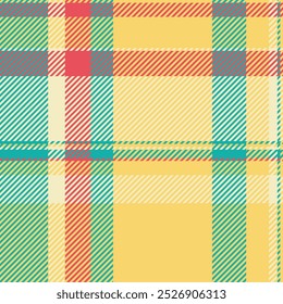 Lovely textile background texture, 60s check vector tartan. Tweed plaid seamless pattern fabric in amber and teal colors palette.