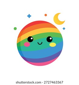 Encantador planeta de arco iris tridimensional con luna sonriente aislado en fondo blanco
