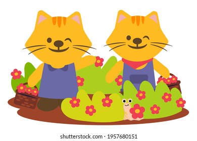 Lovely tiger couple Happily admire the flowers in garden, animal cartoon character, vector illustration