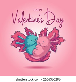 Schöne winzige Achselhöhlen. Ein herzförmiges Paar Axolotls. Liebessymbol. Vektorgrafik. Fröhliche winzige Axolotls in Liebe. St. Valentinstag-Karte, Gruß, Poster, Banner, Post in sozialen Medien