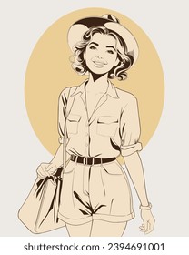 Lovely Tourist in Vintage Style, line art Illustration