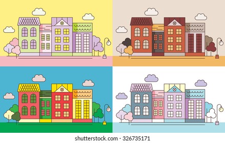 Lovely town street with house facades, trees, lantern and clouds. Beautiful set of different seasons city landscape.
