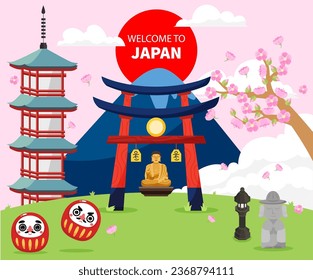 Lovely travel poster with famous attractions with Mount Fuji, Great Buddha, Daruma, pagoda and Sakura blossoms. Word of welcome to Japan in the middle of red sun