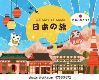 Lovely travel poster with famous attractions. words and let's go to Japan in Japanese in the middle. Lucky words on the daruma and thunder Gate japanese name on the lantern