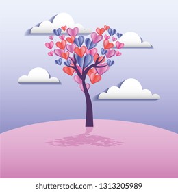 Lovely tree with hearts in pink and blue landscape vector digital illustration image