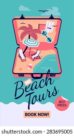 Lovely trendy colored vector seaside beach tours web banner or printable poster template with beach chairs on sand, water, sunshade parasol, palm tree, boarding pass airline ticket in opened suitcase