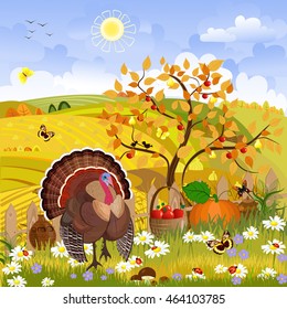 lovely turkey in autumn sunny day. happy thanksgiving. rural scenery with harvest food