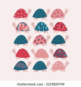 Lovely turtles chatacters with prints on their shells. Print isolated design on white background. Nice stylized animals. Fauna art. Creative print. T-shirt ready design  idea. Childish modern picture