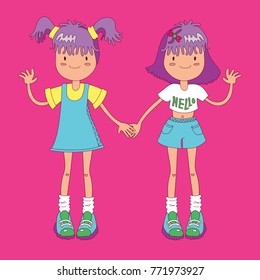 Lovely twin sisters in summer clothes hold hands.