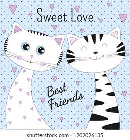 Lovely two cats with text sweet love on blue background. Kids graphics for t-shirts. Greeting card.