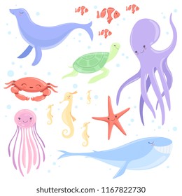Lovely underwater animals set, clown fish, jellyfish, seahorse, starfish, whale, fur seal, turtle, octopus cute sea creatures vector Illustrations on a white background