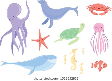 Lovely underwater animals set, clown fish, jellyfish, seahorse, starfish, whale, fur seal, turtle, octopus cute sea creatures vector Illustrations on a white background