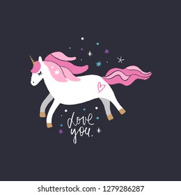 Lovely unicorn, baby stylish illustration, unique print for posters, cards, clothes and stationery. Little kawaii pony. Clipart, sticker