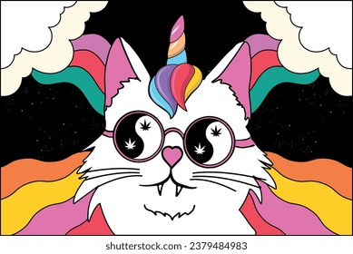 Lovely unicorn cat. Unicorn of the outer space. Trippy colorfull cat in the universe. Cute cat vector. Peace and love vector