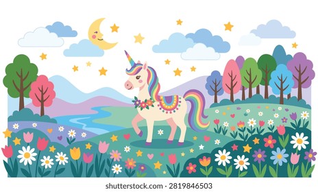 Lovely unicorn creature walking through flowery field near river with trees and crescent moon stars in cute whimsical fantasy art style.