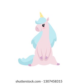 Lovely Unicorn, Cute Magic Fantasy Animal Sitting Vector Illustration