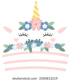 Lovely unicorn face with closed eyes, horn, ears, flowers and pink stripes creating a cute and magical design for girls, perfect for prints, decorations, and fantasy themed projects