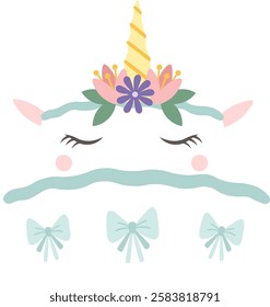 Lovely unicorn face with closed eyes, decorated with a crown of flowers and bows, creating a sweet and magical design for children s products