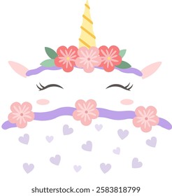 Lovely unicorn face featuring closed eyes, adorned with a floral crown, flowing purple mane, and pink flowers, blowing kisses with small hearts against a white background