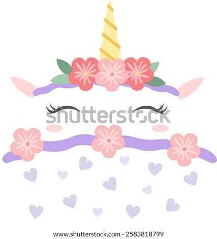 Lovely unicorn face featuring closed eyes, adorned with a floral crown, flowing purple mane, and pink flowers, blowing kisses with small hearts against a white background