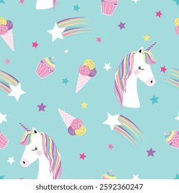 Lovely Unicorn with ice creams and cupcakes Seamless Pattern