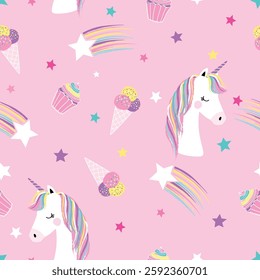 Lovely Unicorn with ice creams and cupcakes Seamless Pattern