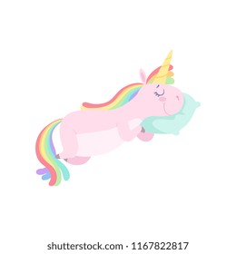 Lovely unicorn sleeping on a pillow, cute fantasy animal character with rainbow hair vector Illustration on a white background