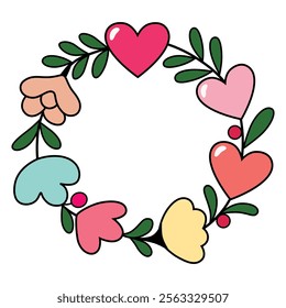 Lovely Valentine flowers wreath graphic design on white background. Vector illustration.