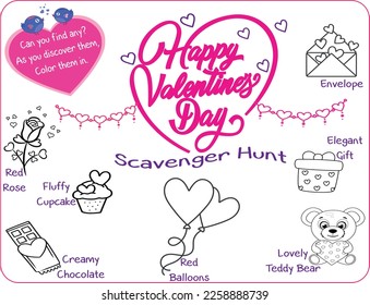 A lovely Valentine Scavenger Hunt list to do with kids has lovely items. Coloring Worksheet For kids.