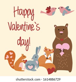 Lovely Valentine`s card with cozy animals bear, rabbit, fox, squirrel, birds and lettering.