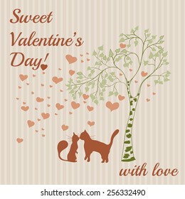 Lovely Valentine's Day Card for greeting design. Cats, hearts and tree. Vector illustration. Square template.