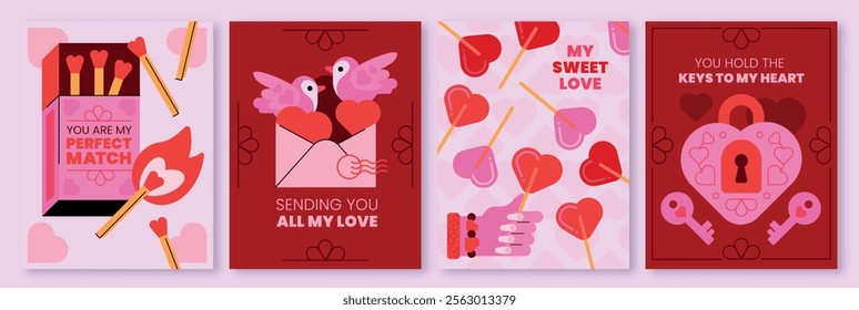 Lovely Valentine's Day card template concepts in pink and red, featuring themes of perfect match, send love, sweet love, and key to the heart.