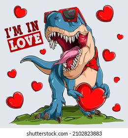 Lovely Valentine's Day Dinosaur T Rex Wearing Sunglasses And Holding A Big Red Heart