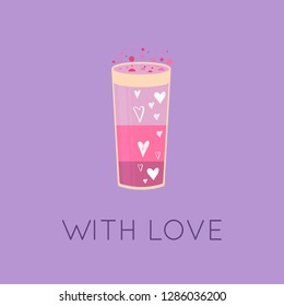 Lovely Valentines day gift card with  glass of wine, sweet cocktail, hearts . Stylish design for menu, prints, poster, invitation, party decoration. Vector.