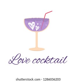 Lovely Valentines day gift card with  glass of wine, sweet cocktail, hearts . Stylish design for menu, prints, poster, invitation, party decoration. Vector.