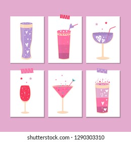 Lovely Valentines day gift card with different glasses of wine, sweet cocktail and hearts . Stylish design for menu, prints, poster, invitation, party decoration. Vector.