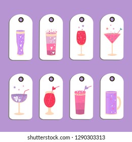 Lovely Valentines day gift card with different glasses of wine, sweet cocktail and hearts . Stylish design for menu, prints, poster, invitation, party decoration. Vector.