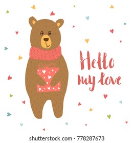 Lovely Valentines day gift card with heart , bear and lettering hello my love. Calligraphy, hand drawn design elements for print, poster, invitation, party decoration. Vector.