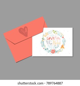 Lovely Valentines day gift card with envelope heart and lettering love you to the moon. Calligraphy, hand drawn design elements for print, poster, invitation, party decoration. Vector.