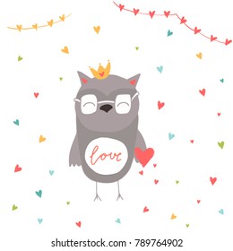 Lovely Valentines day gift card with owl heart and lettering love. Calligraphy, hand drawn design elements for print, poster, invitation, party decoration. Vector.