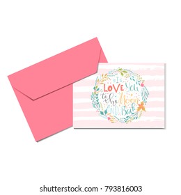 Lovely Valentines day gift card with envelope heart and lettering love you to the moon. Calligraphy, hand drawn design elements for print, poster, invitation, party decoration. Vector.