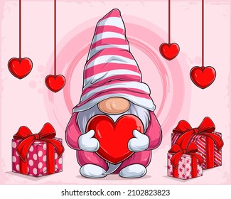 Lovely valentine's day gnome character holding a big love heart with gifts on his sides