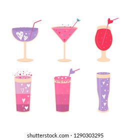 Lovely Valentines day icons with different glasses of wine, sweet cocktail and hearts . Stylish design for menu, prints, poster, invitation, party decoration. Vector.
