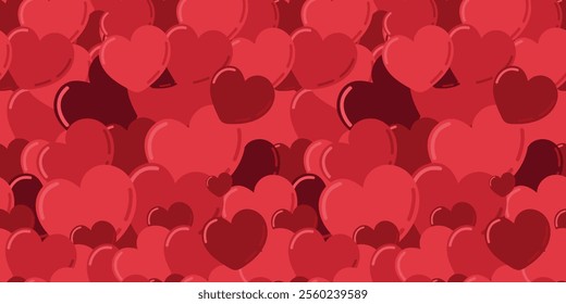 Lovely Valentine's Day pattern with dense arrangement of red and burgundy hearts. Romantic Valentine's Day element - heart ornaments in vector flat style. For holiday decor, prints, love graphics.